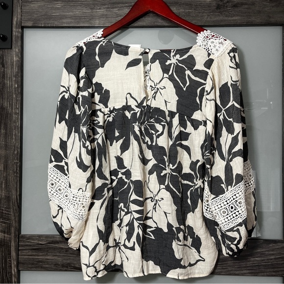 Zac & Rachel Boho Cottagecore Black and Cream Floral Blouse Crochet Details L - Picture 2 of 9